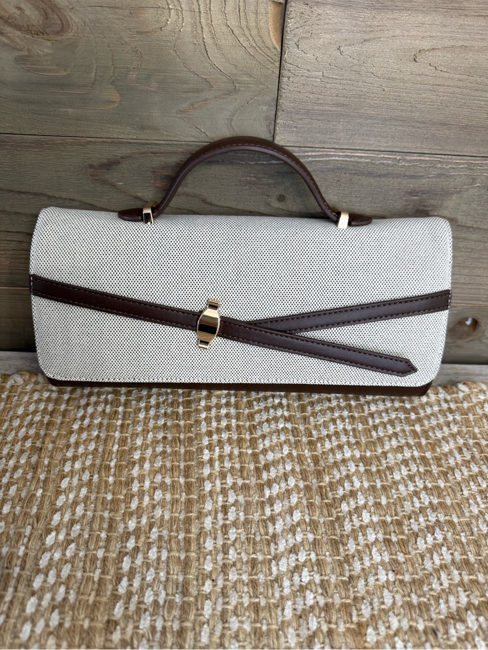 Stylish Cream and Brown Canvas Top-Handle Clutch, NWT